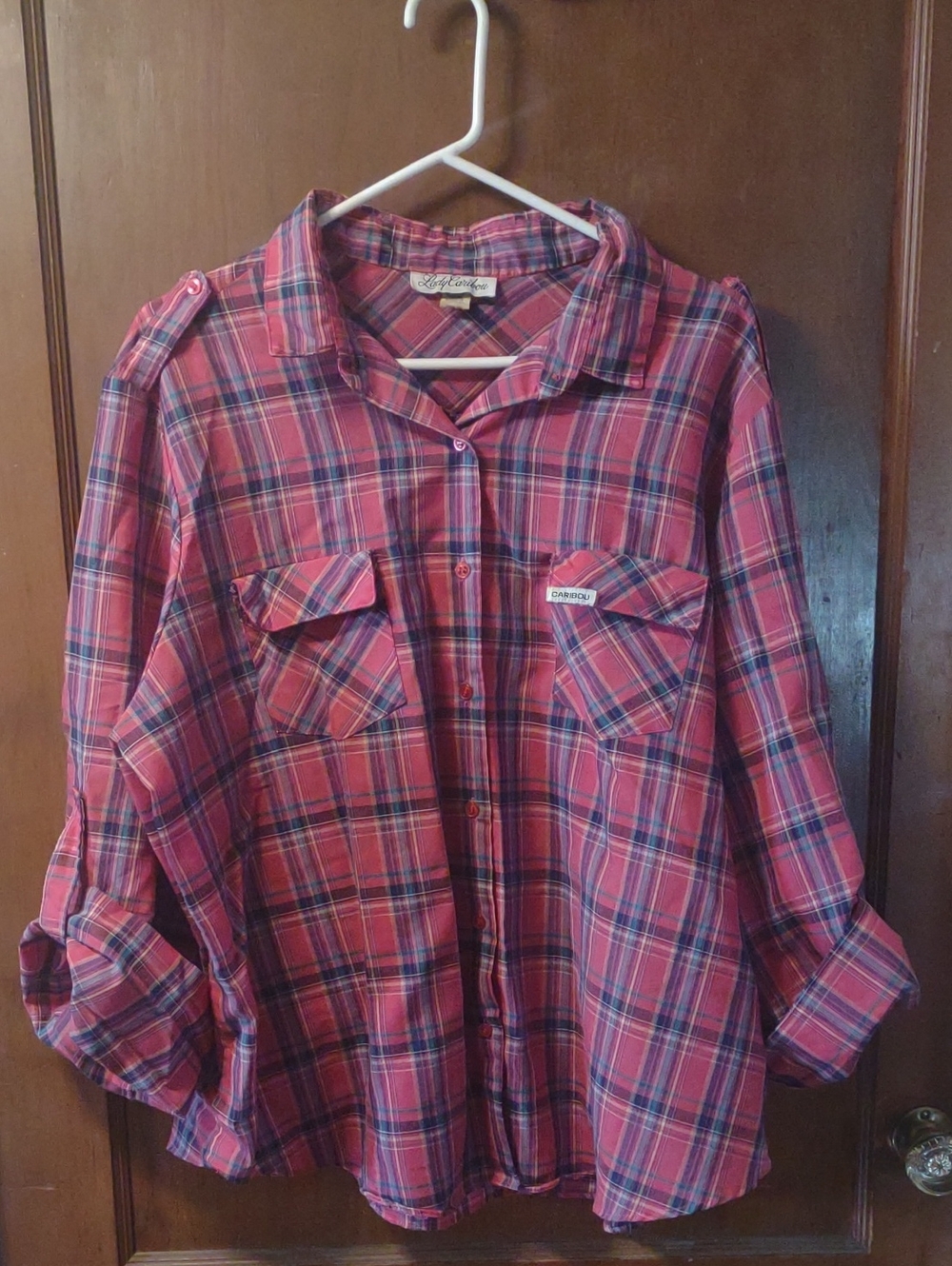 Vintage Lady Caribou Pink Plaid Button Up Size 44  (Xl-2x) Plus Size